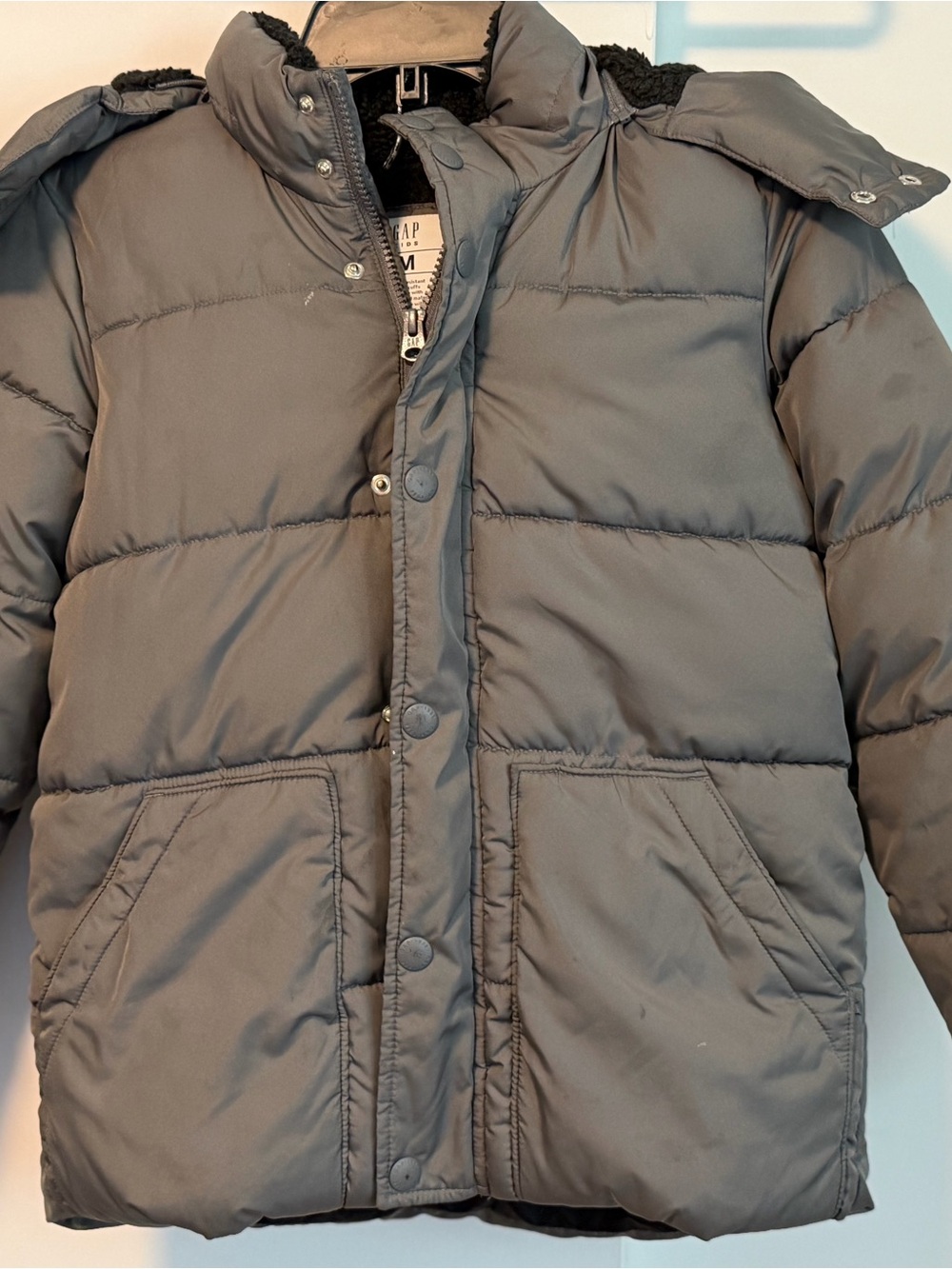 GAP Kids Charcoal Gray Puffer Jacket with Black Sherpa Lining